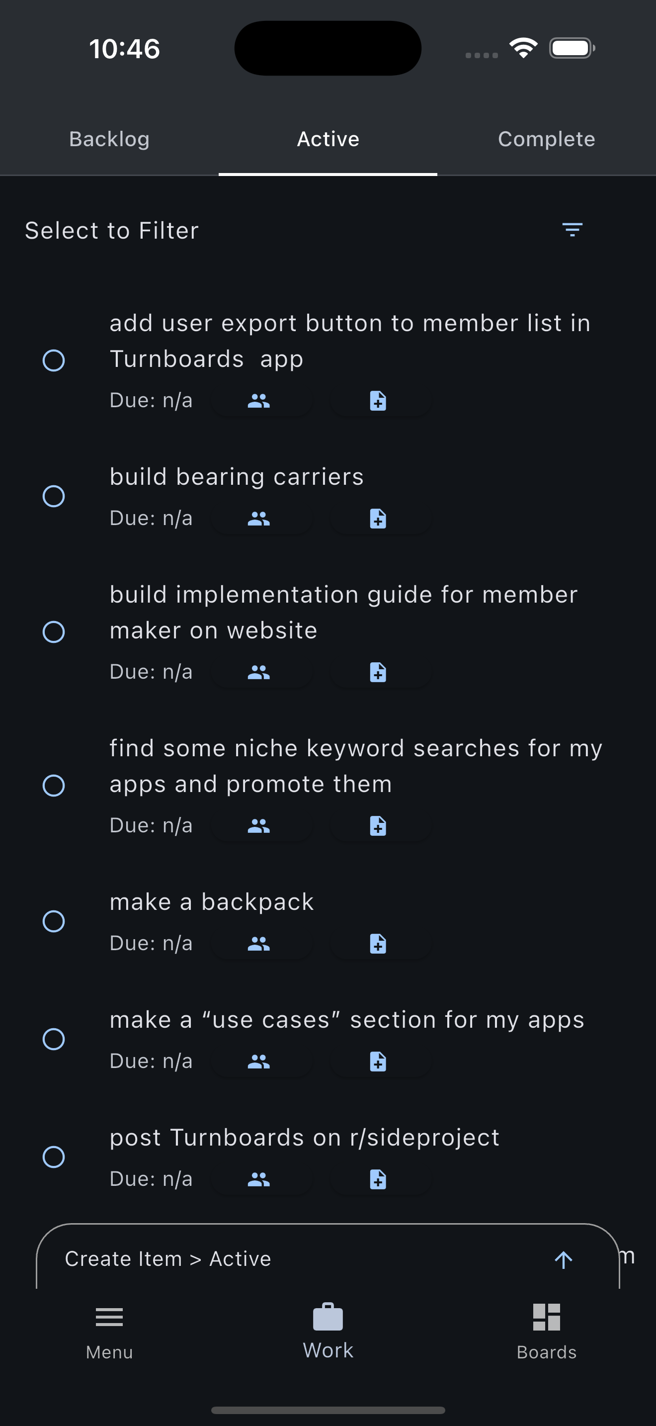 Turnboards Active work screen with quick task entry and status tabs